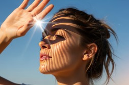 Frau verdeckt die Augen, um sie vor der Sonne zu schützen