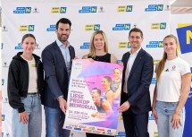 (v.l.n.r.) Leichtathletin Magdalena Lindner, LH-Stv. Sportlandesrat Udo Landbauer, Meetingdirektorin Beante Taylor, NV-Vorstandsdirektor Stefan Wukovitsch und Leichtathletin Karin Strametz.